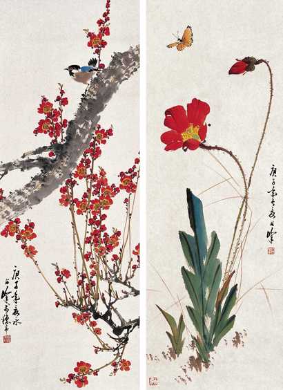 梁占峰 庚子（1960年）作 花鸟（两幅） 立轴